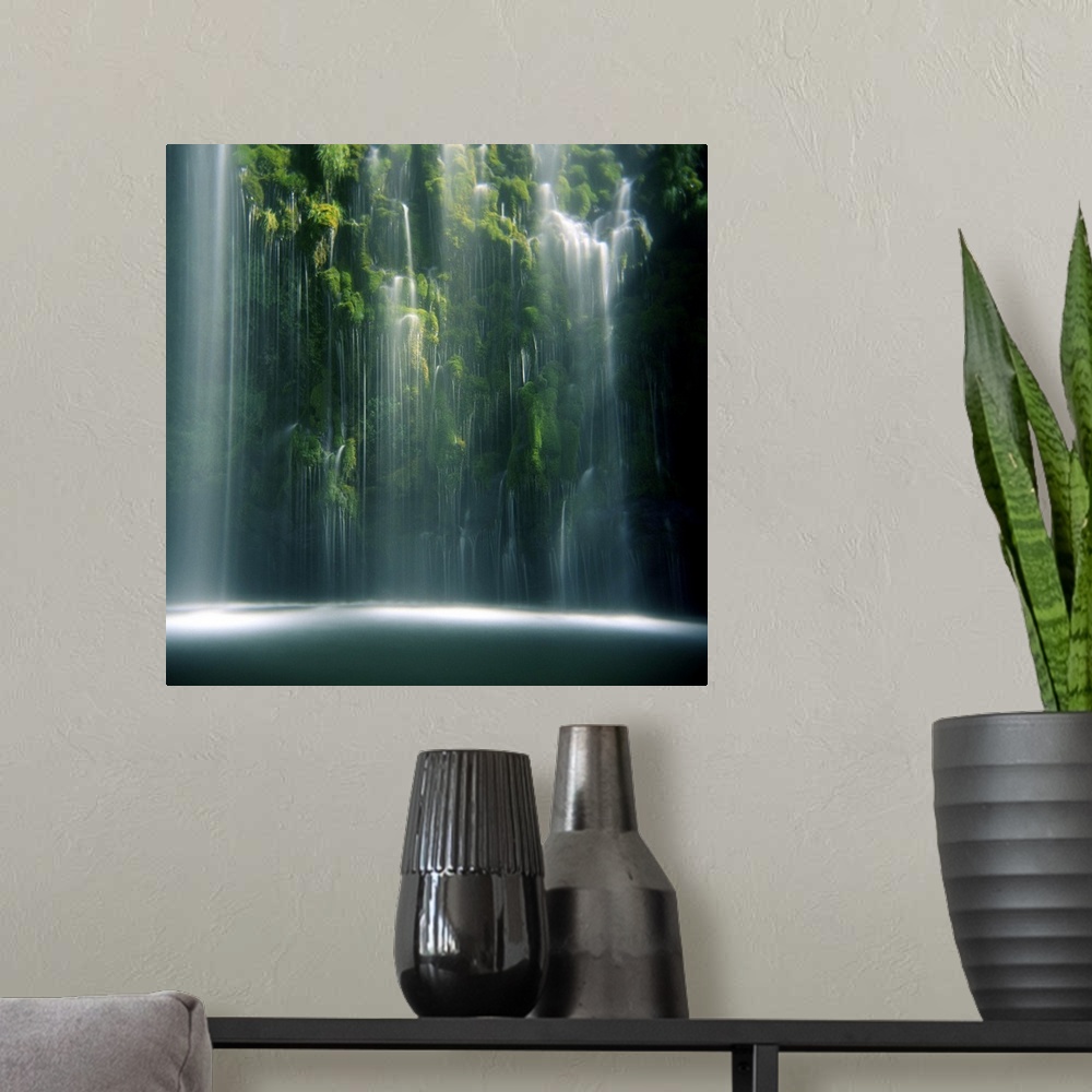 A modern room featuring Holga image of Mossbrae Falls in northern California on July afternoon.