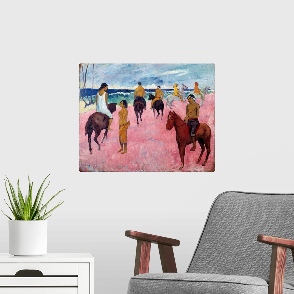 A modern room featuring Horsemen on the Beach. Painting by Paul Gauguin (1848-1903) 1902, oil on canvas, Private Collection
