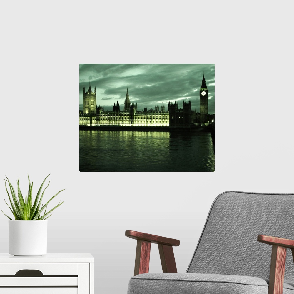 A modern room featuring Houses of Parliament and Big Ben in London, England