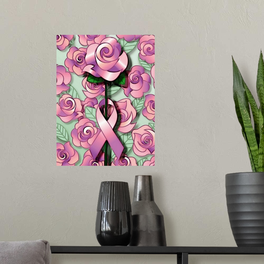 A modern room featuring Illustration of pink rose with breast cancer ribbon around it