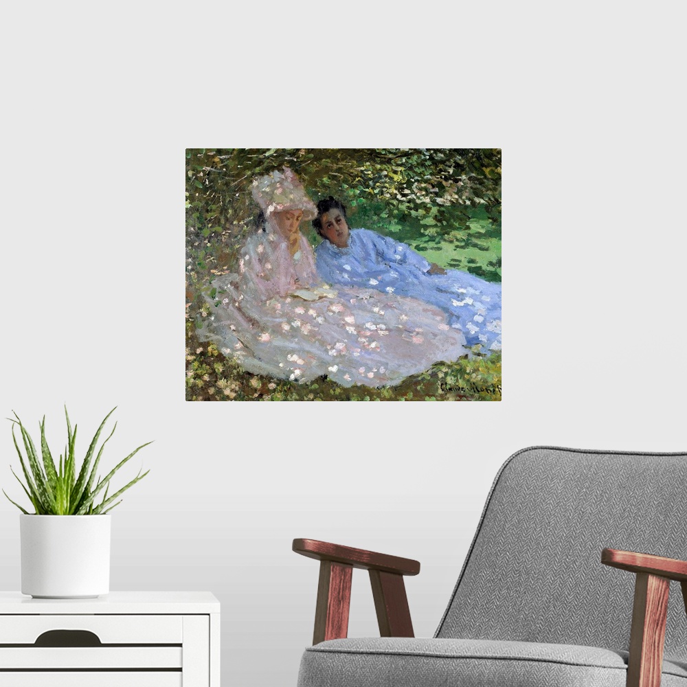 A modern room featuring Madame Monet and a friend in the garden. Two women sitting in the shade of a tree. Painting by Cl...
