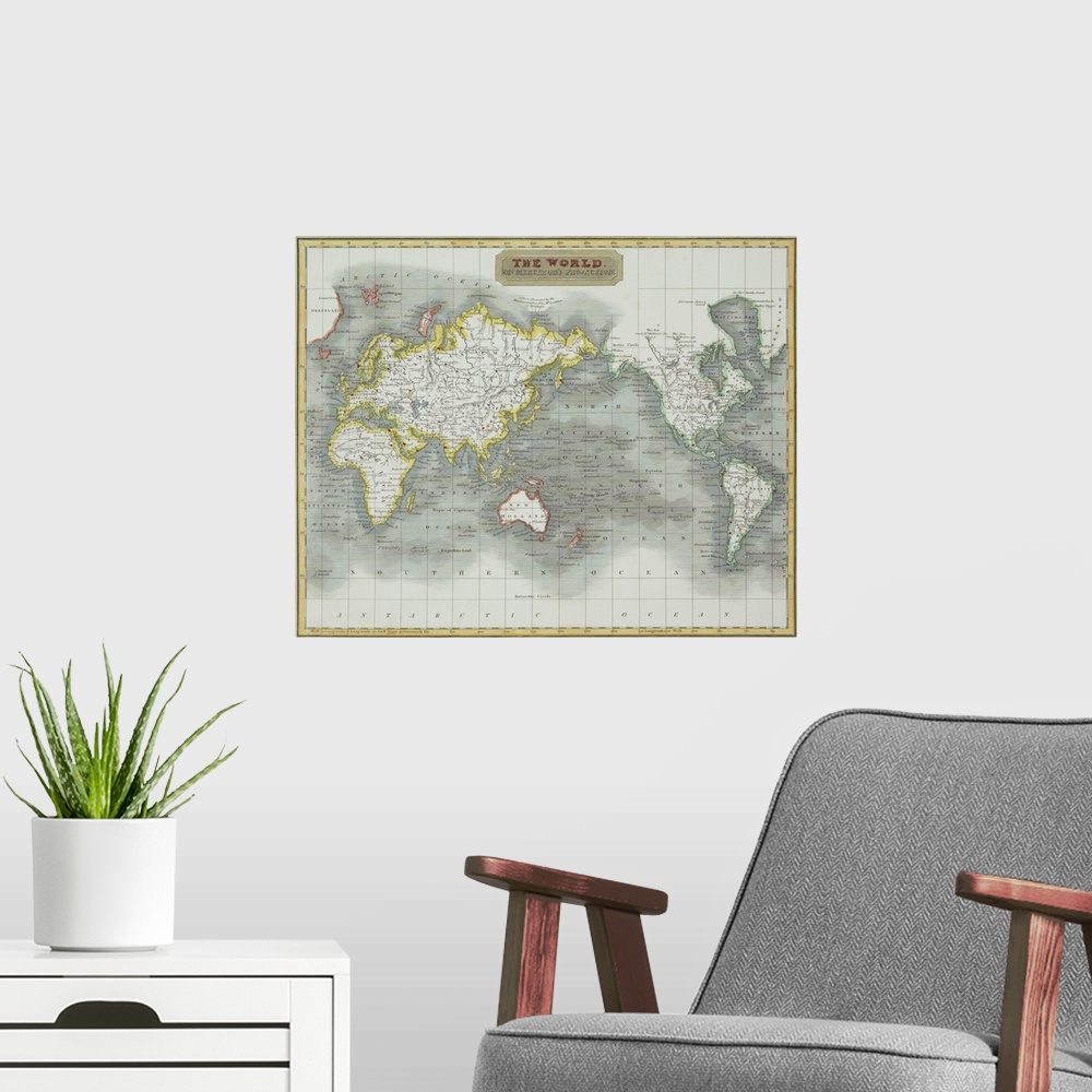 A modern room featuring Antique map of the world with the ocean levels reprensented by contrasting shades and rivers and ...