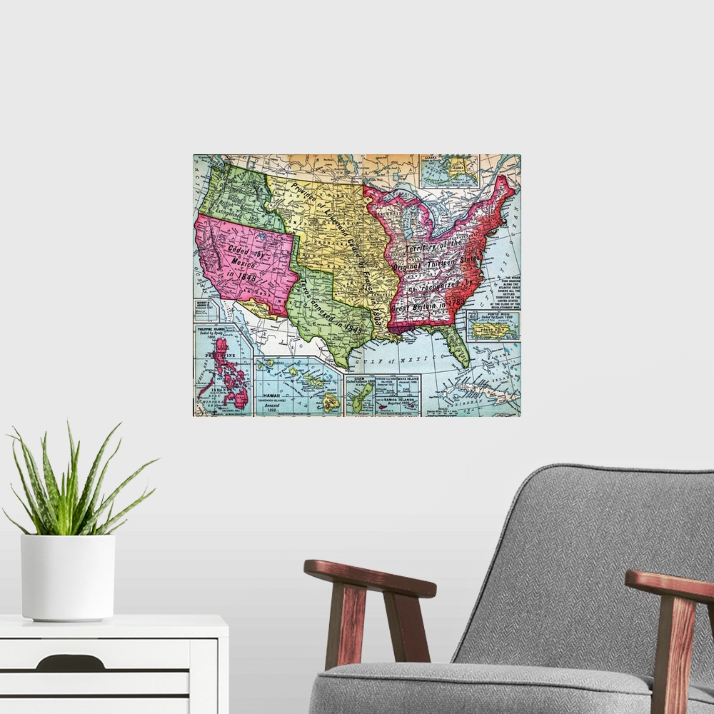 A modern room featuring Map of the United States and its possessions, showing territorial growth from the original thirte...