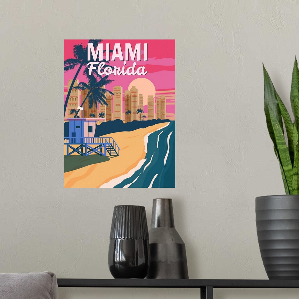 A modern room featuring A contemporary travel poster advertising the Florida city of Miami, in bright summery colors