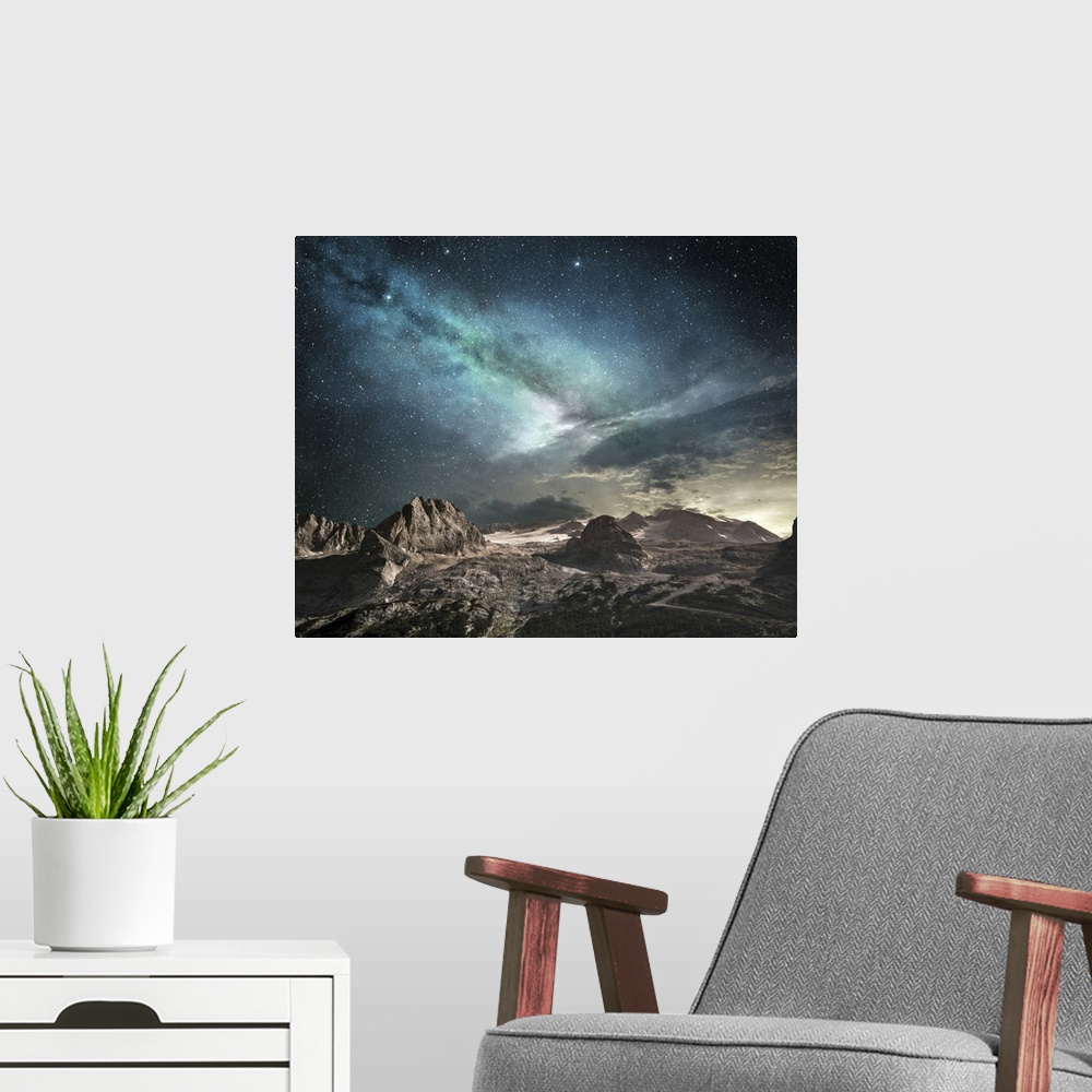 A modern room featuring Milky Way At Dawn In A Mountain Landscape