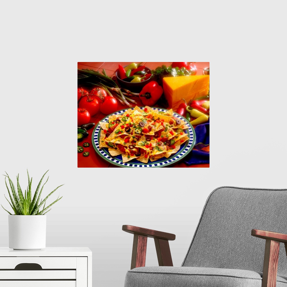 A modern room featuring Horizontal photograph on a big canvas of a plate of loaded nachos, the fresh ingredients used on ...