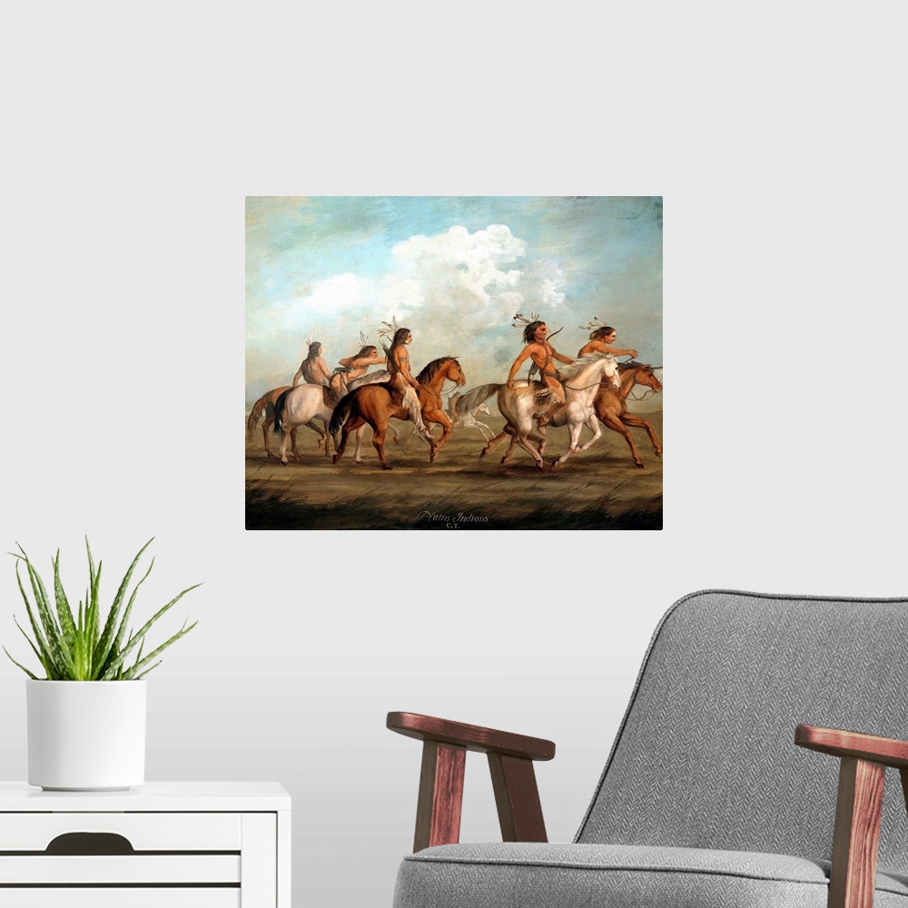 A modern room featuring Native Americans on horseback. Painting by George Catlin (1794-1872) (American School), 19th cent...