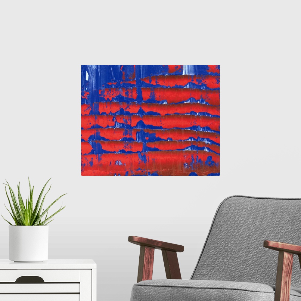 A modern room featuring Oil Painting in Red and Blue Colors, Front View