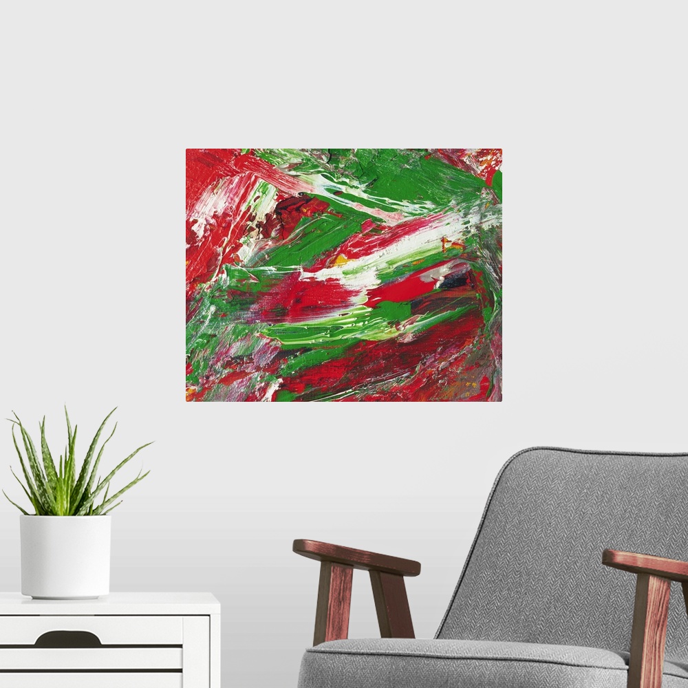 A modern room featuring Oil Painting in Red, Green and White Colors, Front View