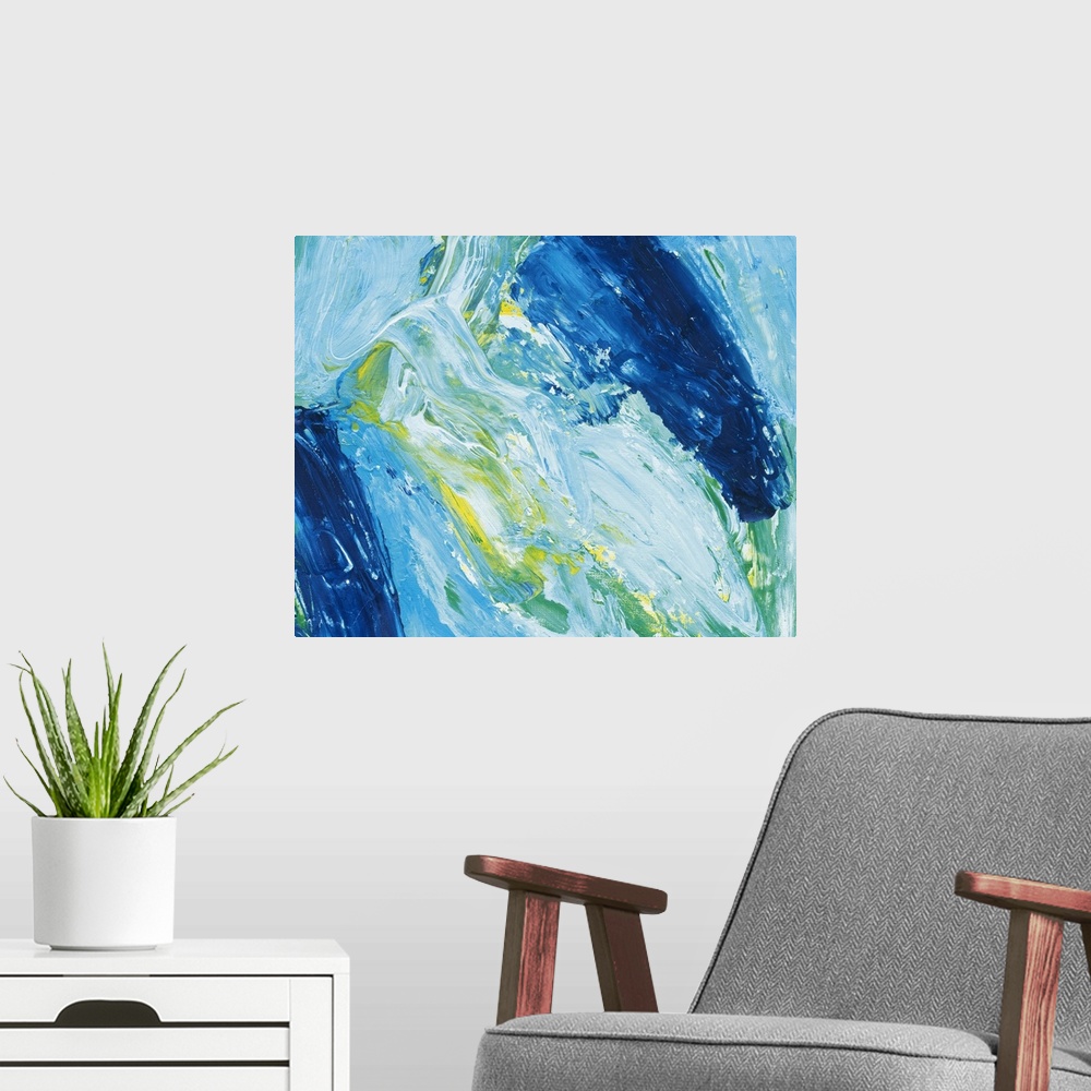A modern room featuring Painting in blue and green done with broad brushstrokes, giving an impression of crashing waves i...