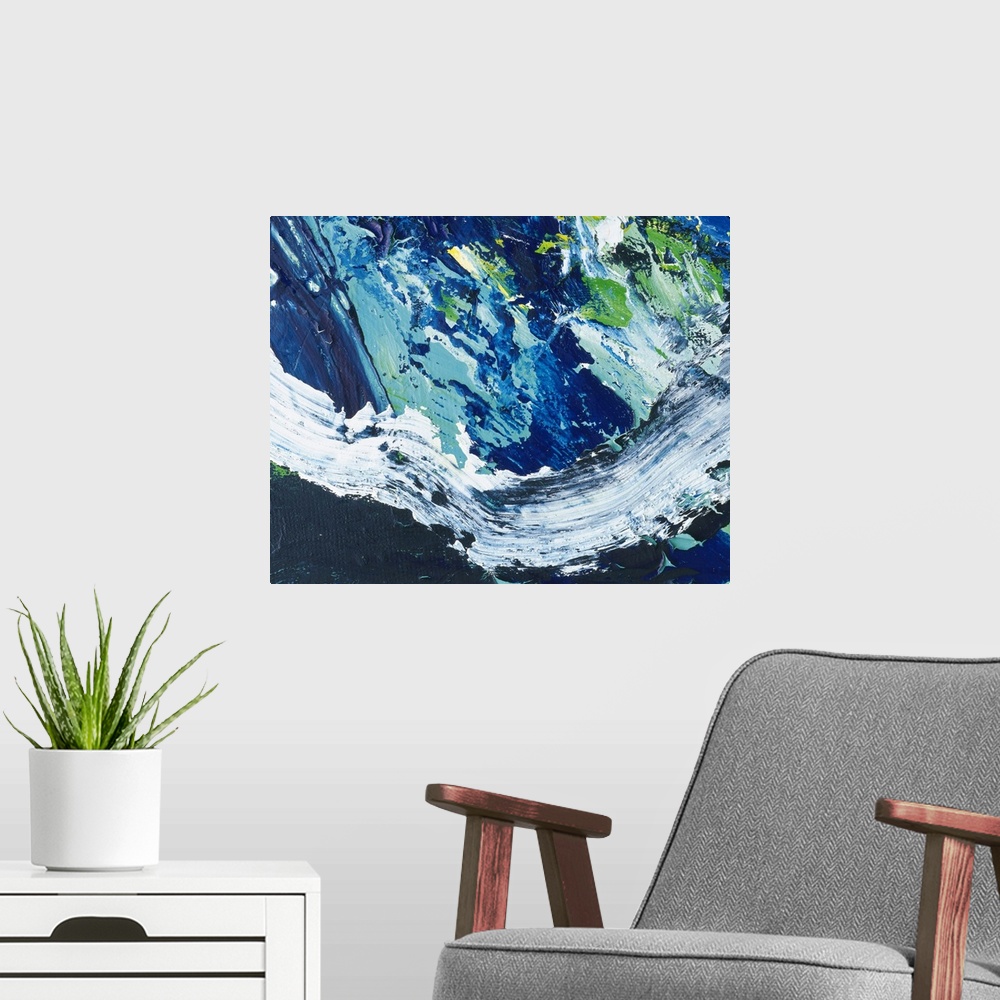 A modern room featuring This abstract pieces uses oil paints in cool colors that are applied in various directions and te...
