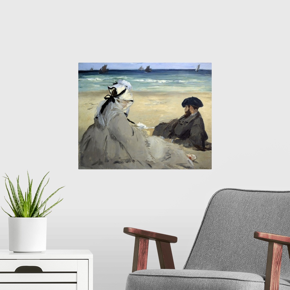 A modern room featuring On the beach. Suzanne Manet, wife of the artist and Eugene, the painter's brother, on the beach a...