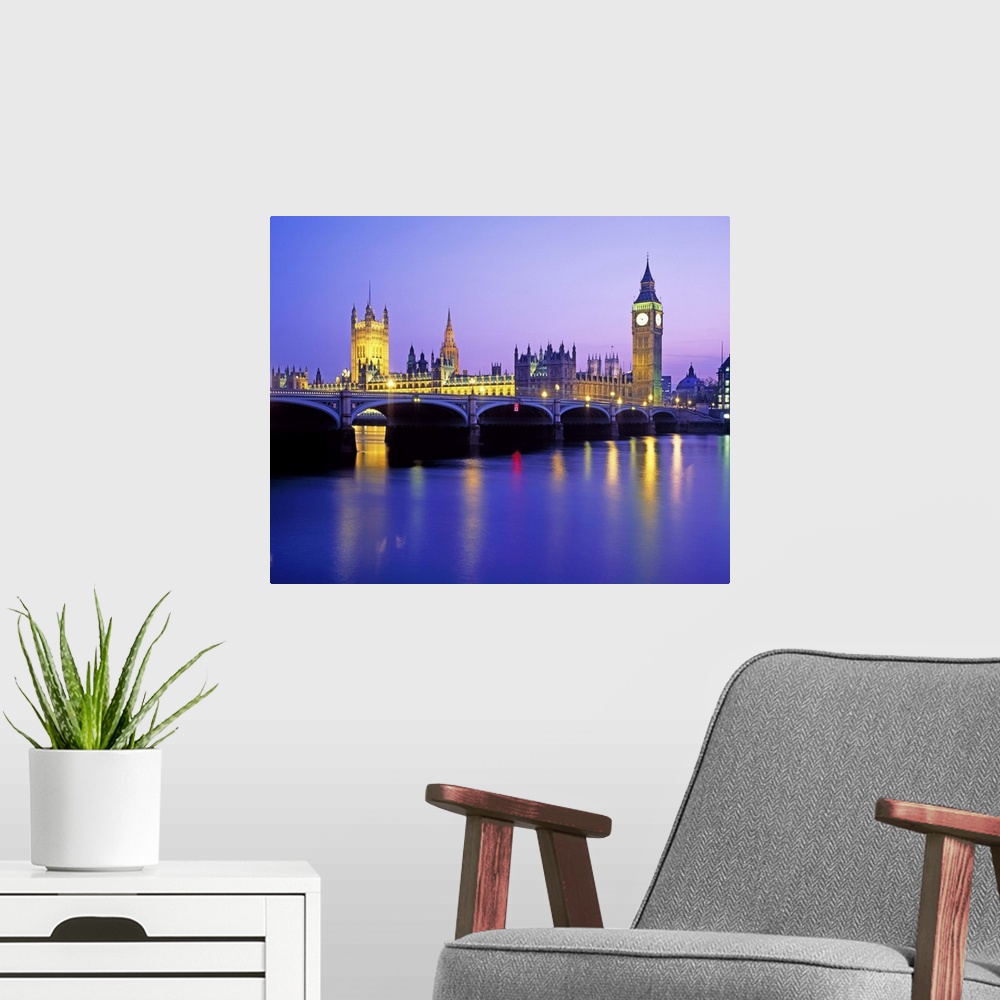 A modern room featuring Houses of Parliament and Big Ben with Westminster Bridge. London, UK