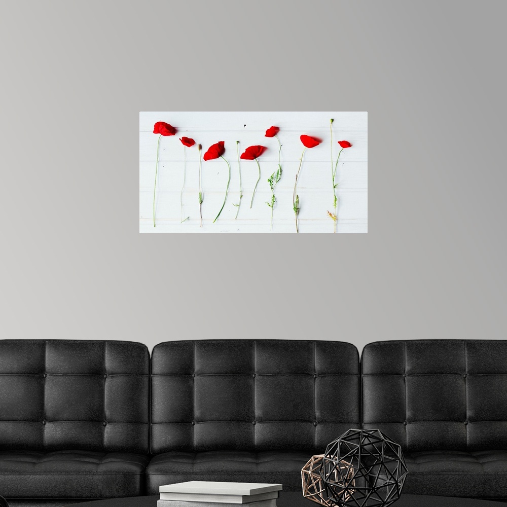 A modern room featuring Poppies resting on white table.
