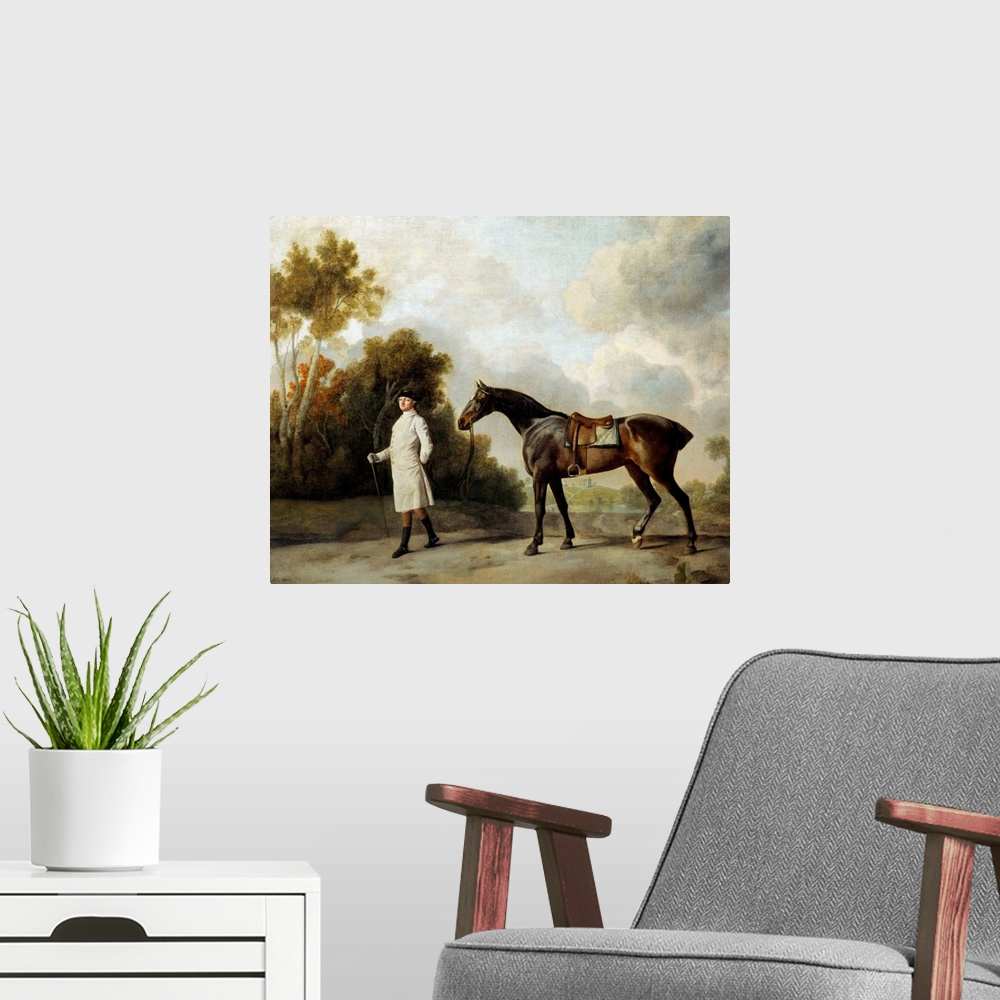 A modern room featuring Portrait of Assheton, first Viscount Curzon and his mare Maria. Painting by George Stubbs (1724-1...