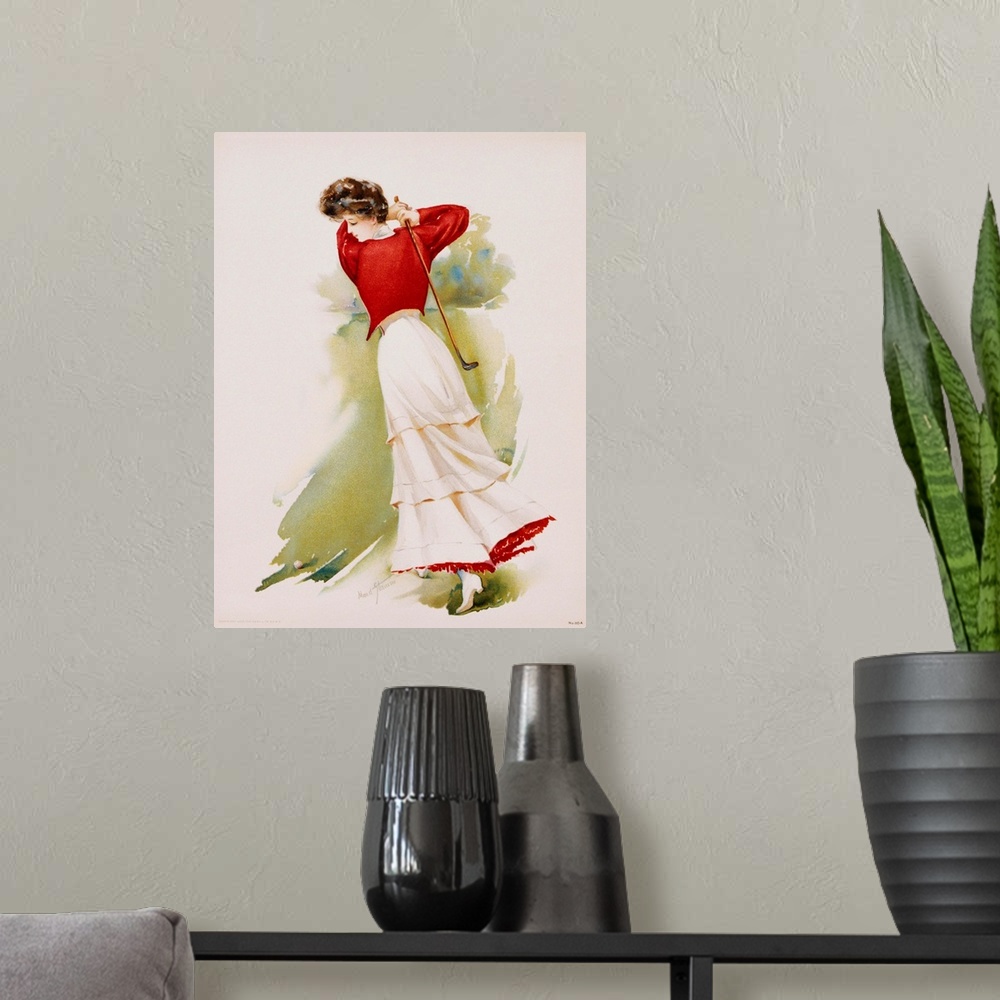 A modern room featuring Poster Depicting A Woman Playing Golf By Maud Stumm