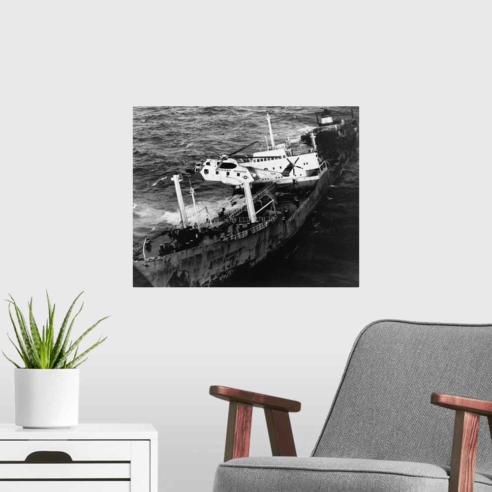 A modern room featuring A Sikorsky HH-3F Pelican hovers over the Argo Merchant oil tanker during a rescue operation. The ...