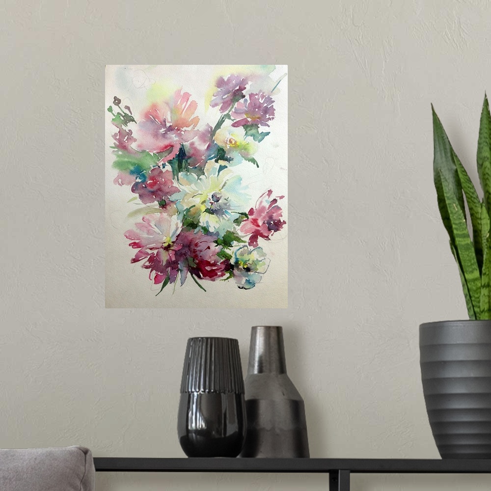A modern room featuring Beautiful watercolor bouquet of aster flowers.