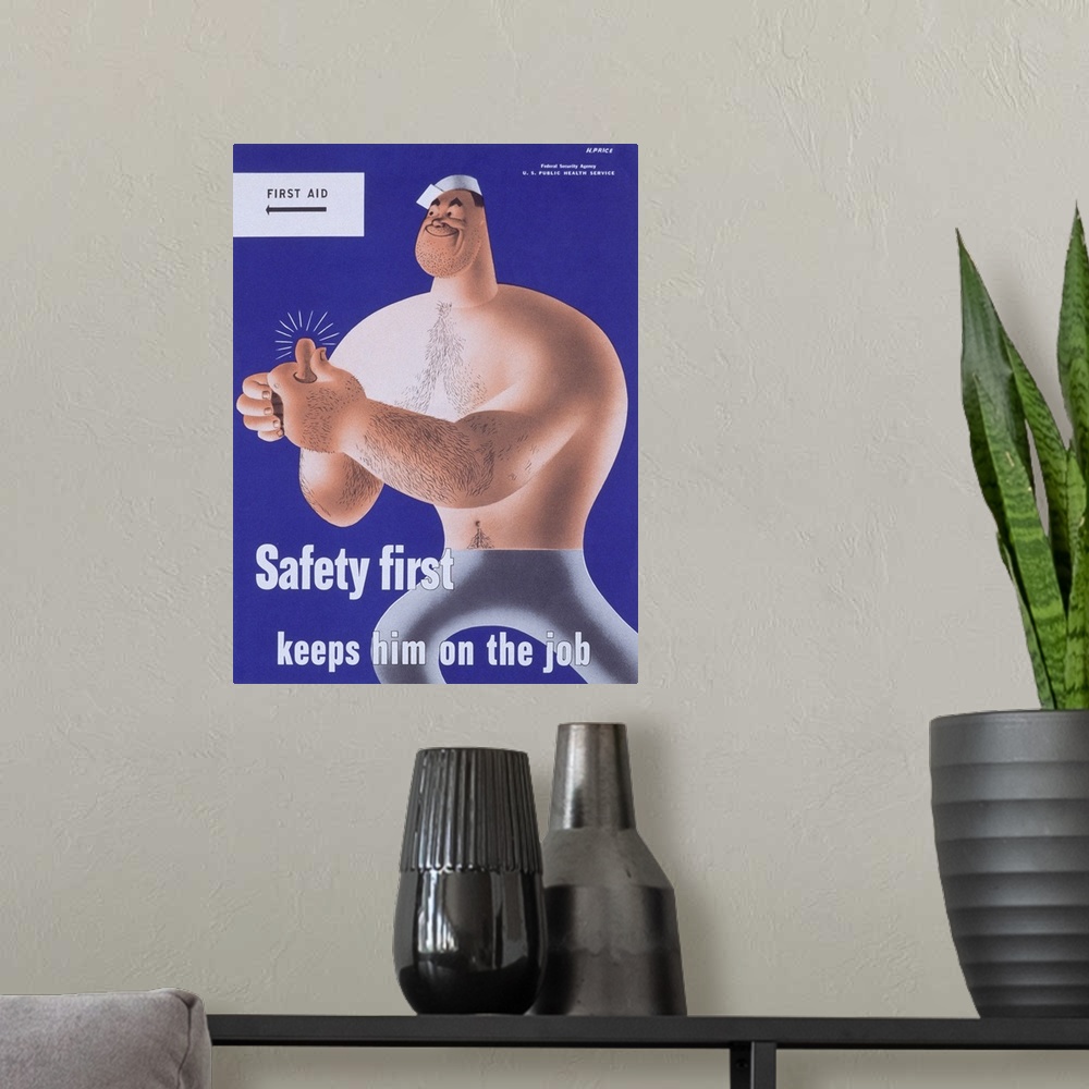 A modern room featuring 1940s --- Safety First Keeps Him on the Job Poster by Price --- Image by .. K.J. Historical/CORBIS