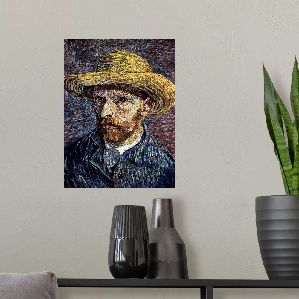 A modern room featuring Self-Portrait With Straw Hat By Vincent Van Gogh