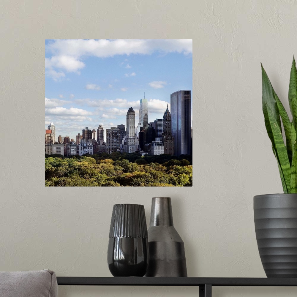 A modern room featuring Skyline Of New York City