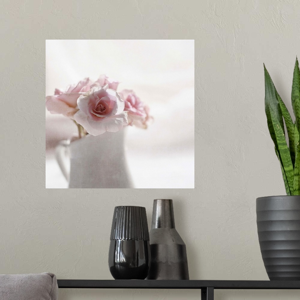 A modern room featuring Soft pink roses in white jug.Softly textured.