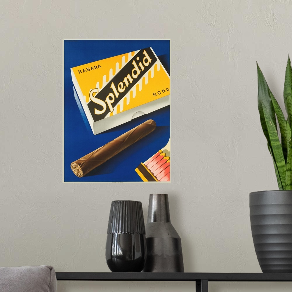 A modern room featuring ca 1948 Swiss object poster, stylized cigar and matches. Illustrated by Emil Neukomm