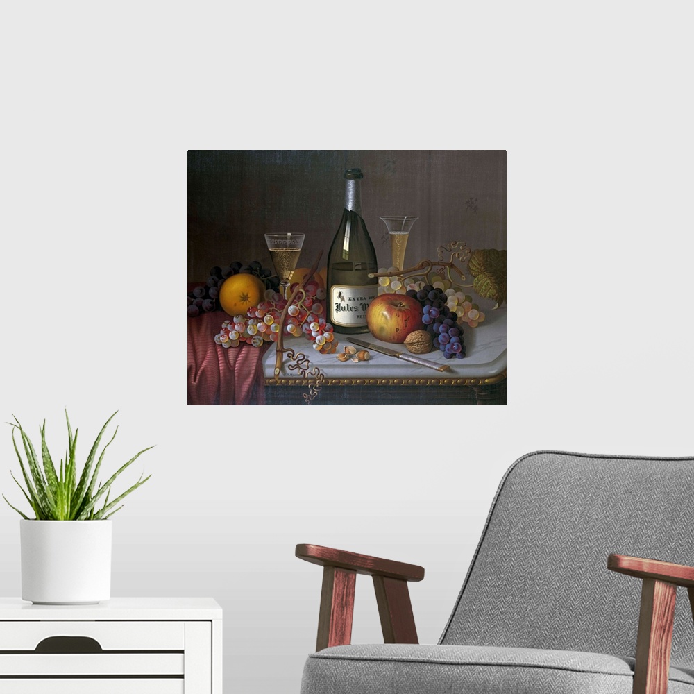 A modern room featuring Still Life with a Bottle of Champagne and Two Glasses, with Various Fruit, published by the Louis...