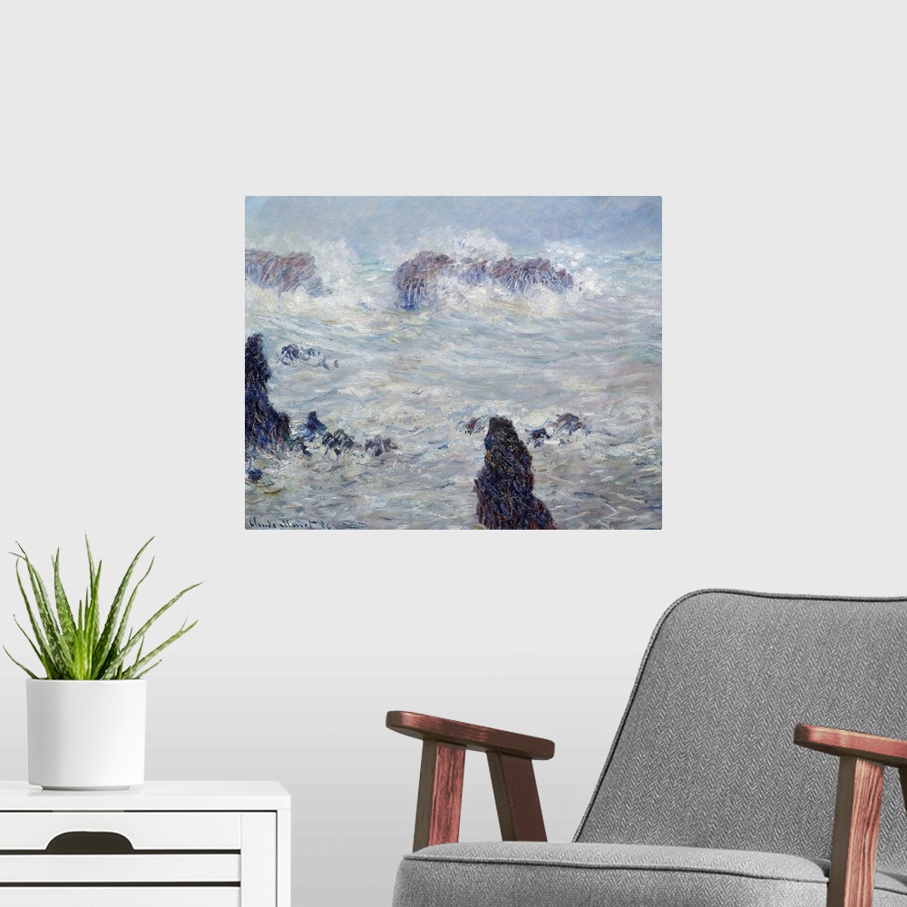 A modern room featuring Storm off the coasts of Belle-Ile (or Belle Ile en Mer or Belle-Ile-en-Mer, Brittany). Painting b...