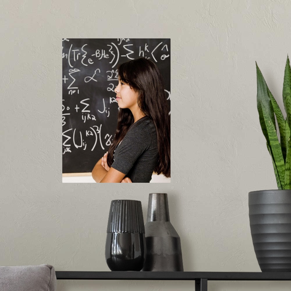 A modern room featuring Teenage girl student at blackboard with math equations