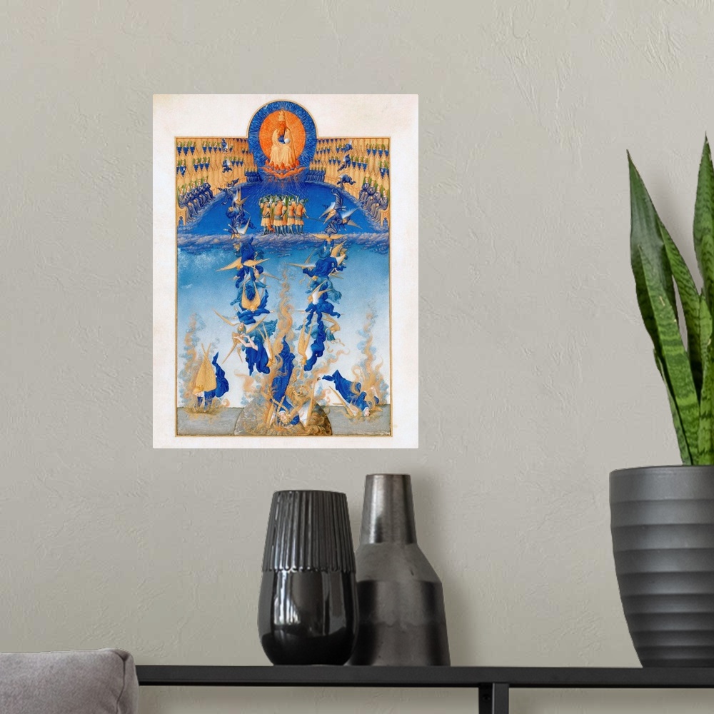 A modern room featuring Limbourg Brothers, The Fall of the Rebel Angels, folio 64v from the Tres Riches Heures du duc de ...