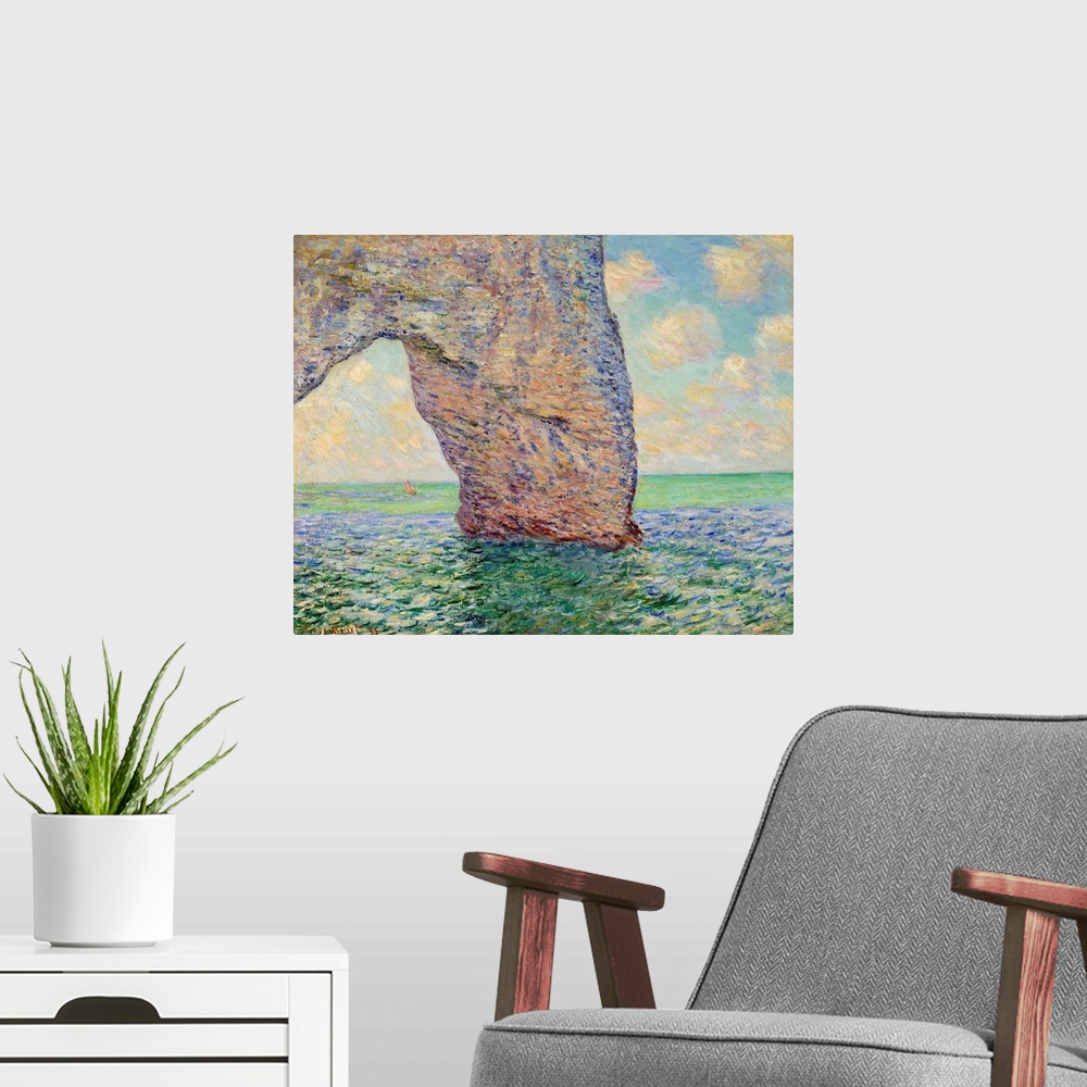 A modern room featuring The cliff at Etretat (La Manneporte). Painting by Claude Monet (1840-1926), oil on canvas (65 x 8...
