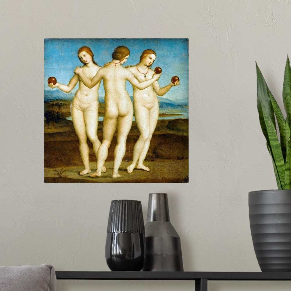 A modern room featuring The Three Graces By Raphael