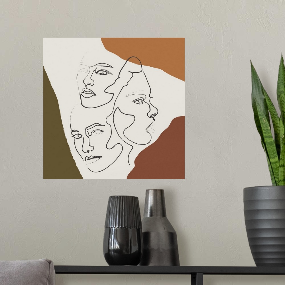 A modern room featuring Contemporary line drawing of three women.