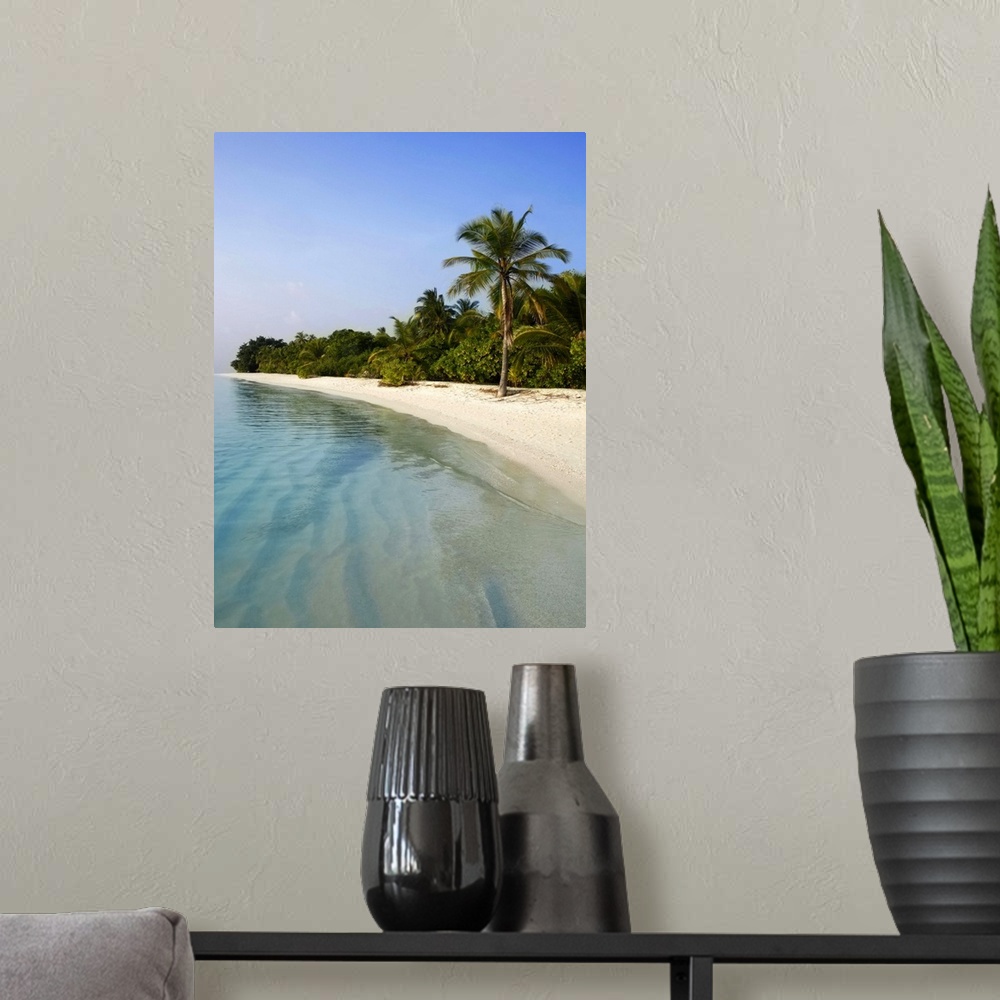 A modern room featuring Tranquil tropical beach scene, Maldive Islands