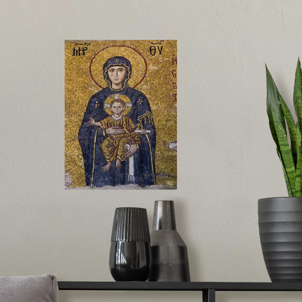 A modern room featuring Turkey, Hagia Sophia Mosque, Close up of  mosaic depicting Virgin Mary with baby Jesus