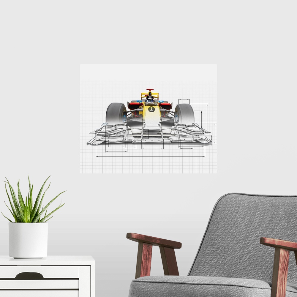 A modern room featuring Unfinished drawing of yellow race car with driver