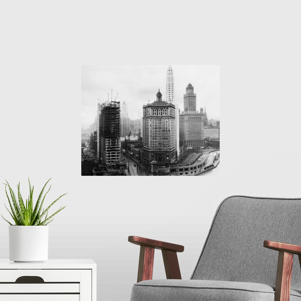 A modern room featuring This remarkable photograph shows a view looking south from the Tribune Building over the Link Bri...