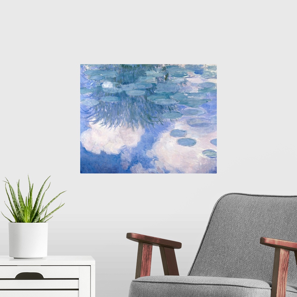 A modern room featuring Waterlilies with effects of clouds. Painting by Claude Monet (1840-1926), oil on canvas (130x150 ...