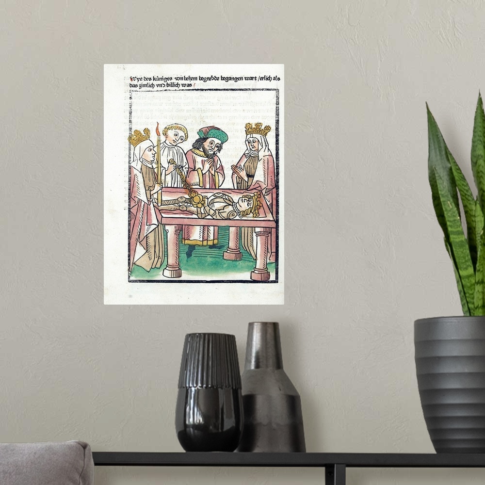 A modern room featuring Illustration of Queen Melusine and her court mourning the fallen king, from a German version of t...