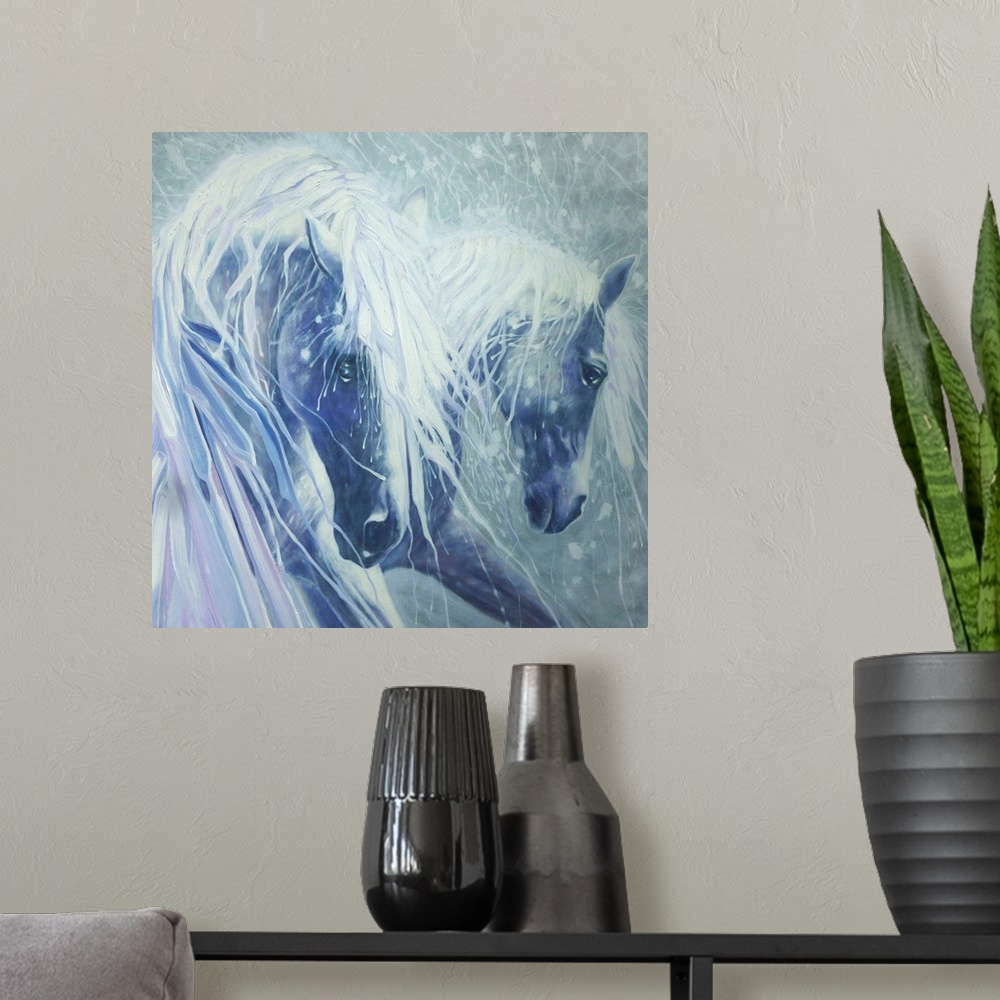 A modern room featuring Watercolor painting of a dream-like scene of two horses in shades of blue.