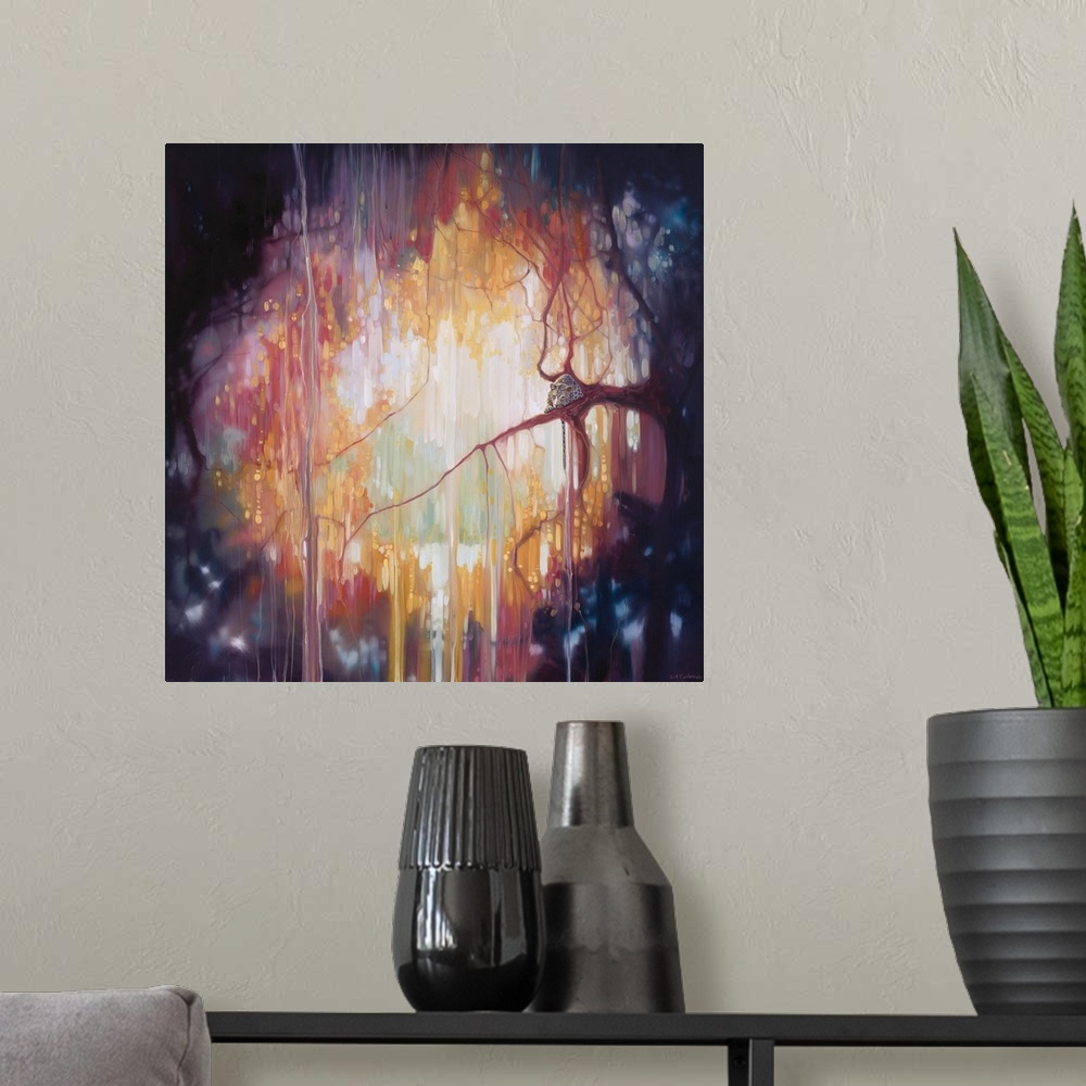 A modern room featuring Watercolor painting of a dream-like forest framed by darker trees.