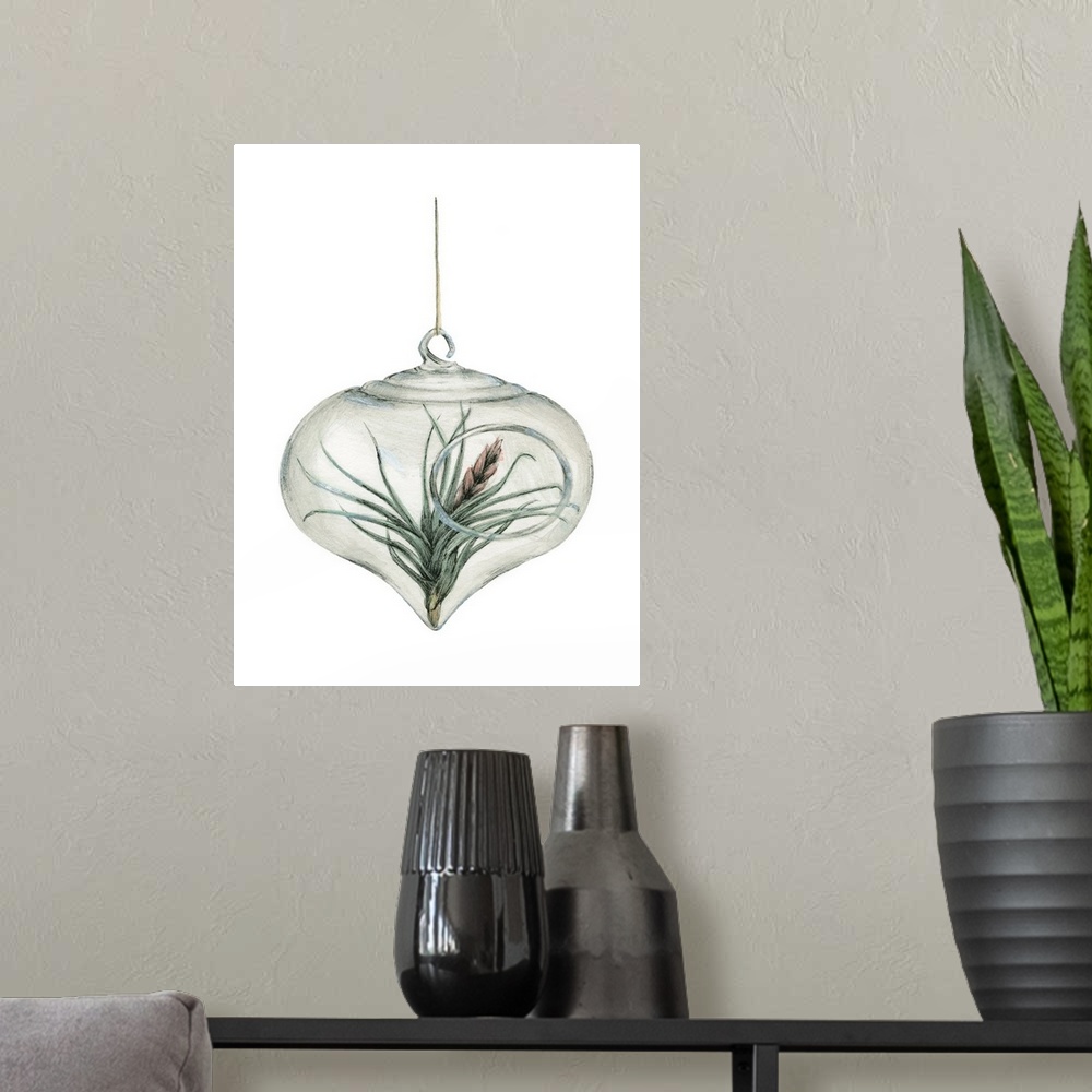 A modern room featuring Watercolor painting of an air plant in a glass hanger on a solid white background.