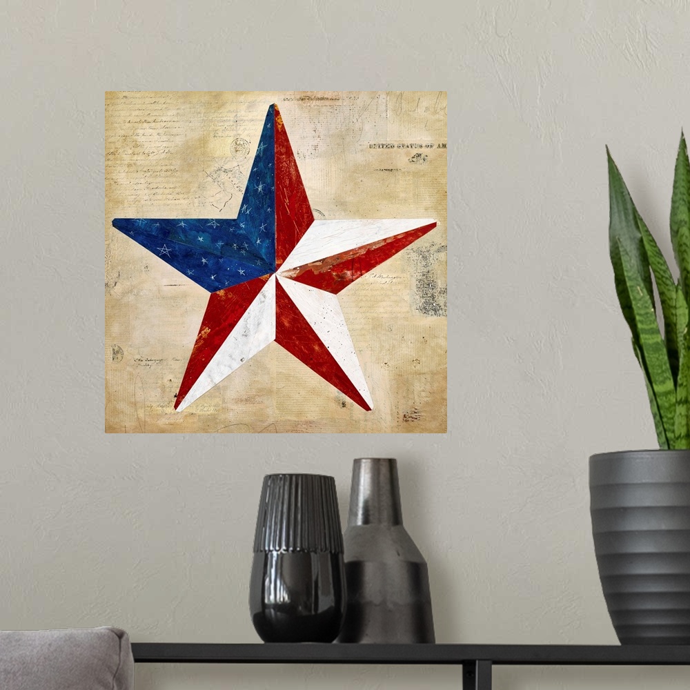 A modern room featuring Folk art painting of a star in red white and blue on an antique style background created with mix...