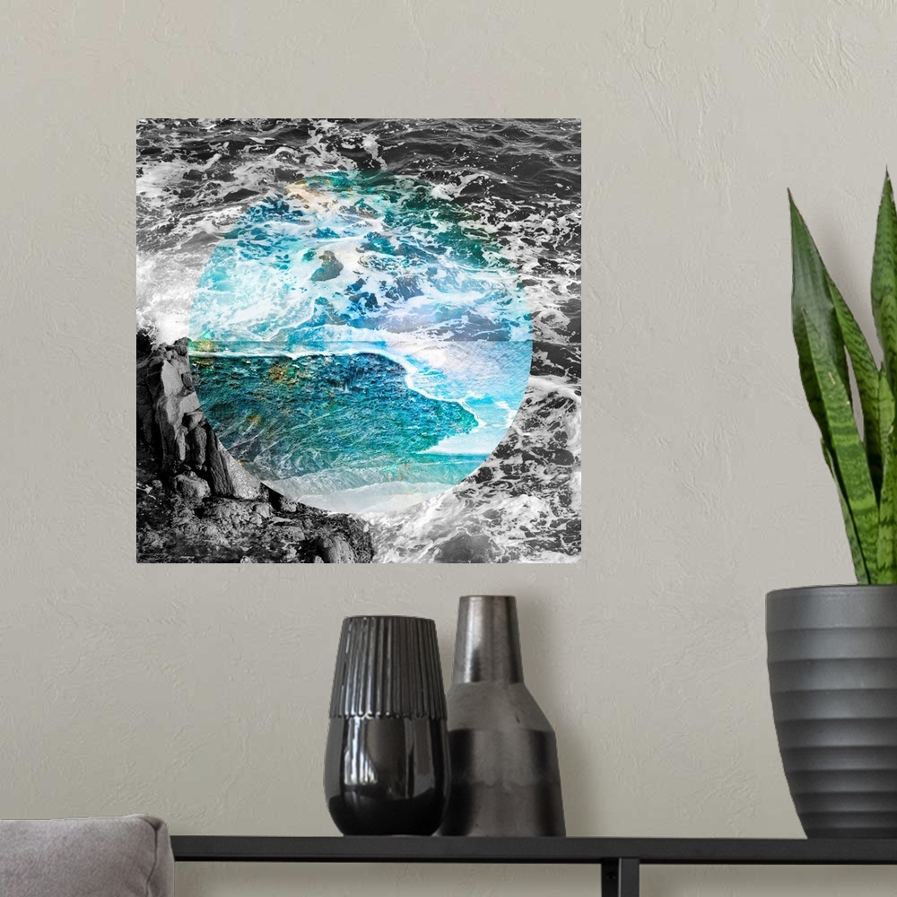 A modern room featuring Black and white ocean waves with a circle of turquoise color in the center.
