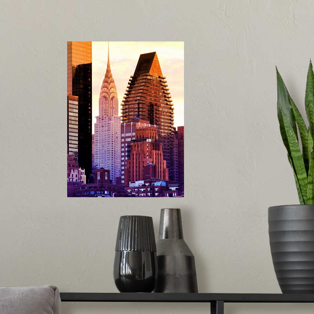 A modern room featuring Vividly colored photograph of the Chrysler building and other skyscrapers in New York City.