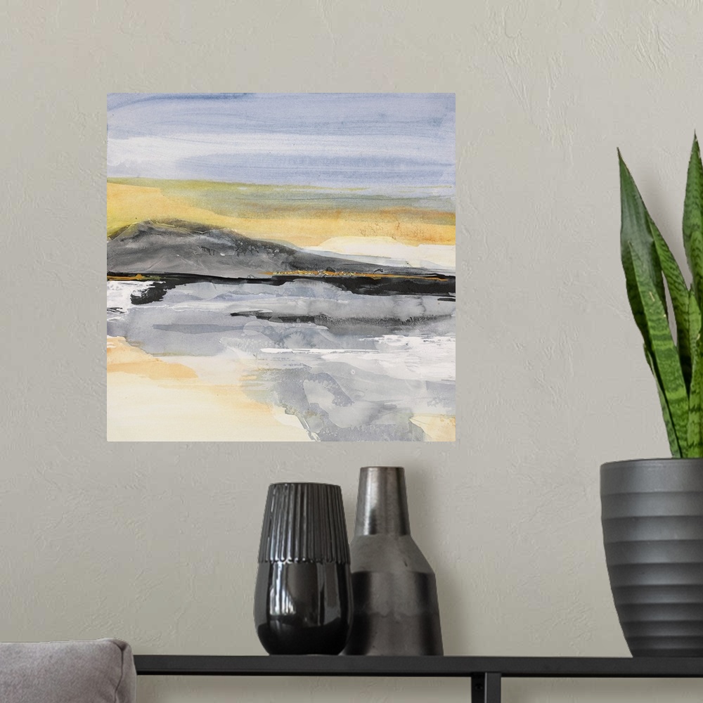 A modern room featuring Square abstract painting of a mountainous landscape using blue, yellow, white, and black hues.