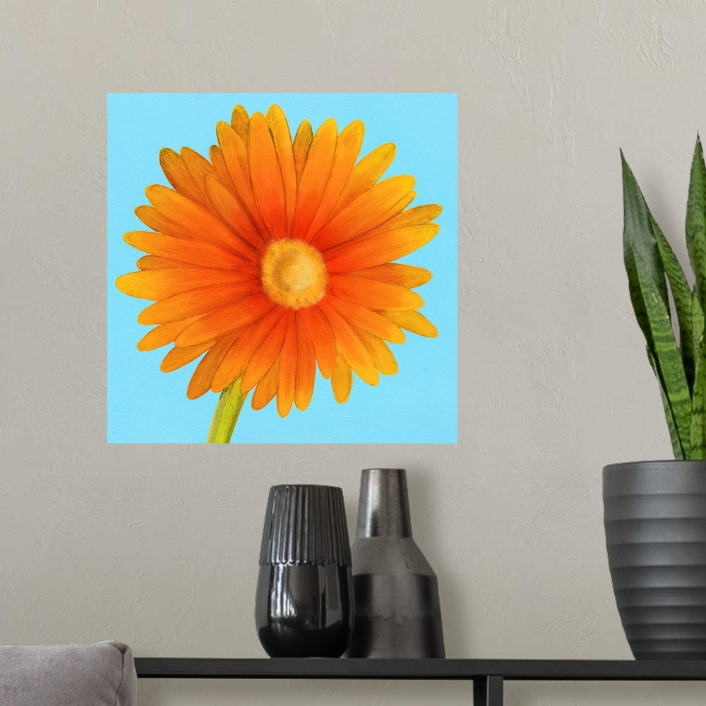 A modern room featuring A contemporary painting of a close-up of an orange flower against a blue background.