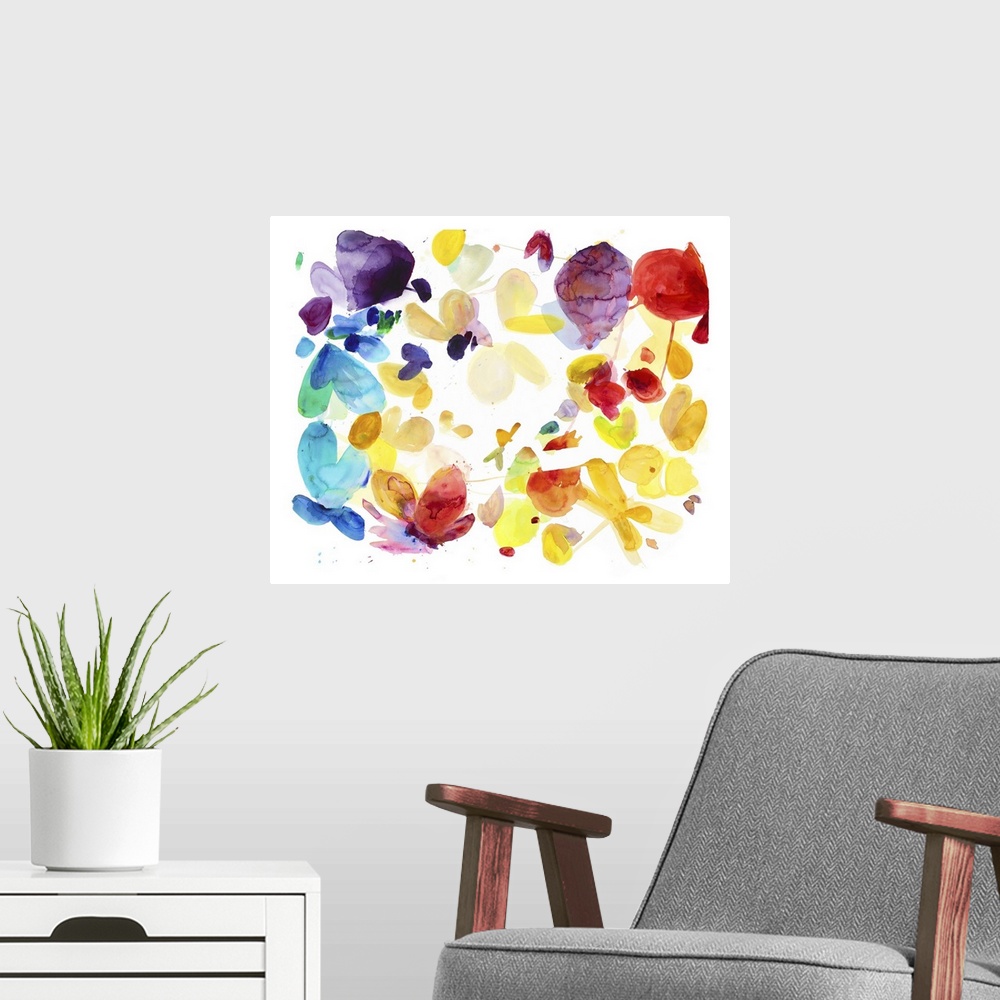 A modern room featuring Watercolor painting resembling fallen flower petals in rainbow colors.
