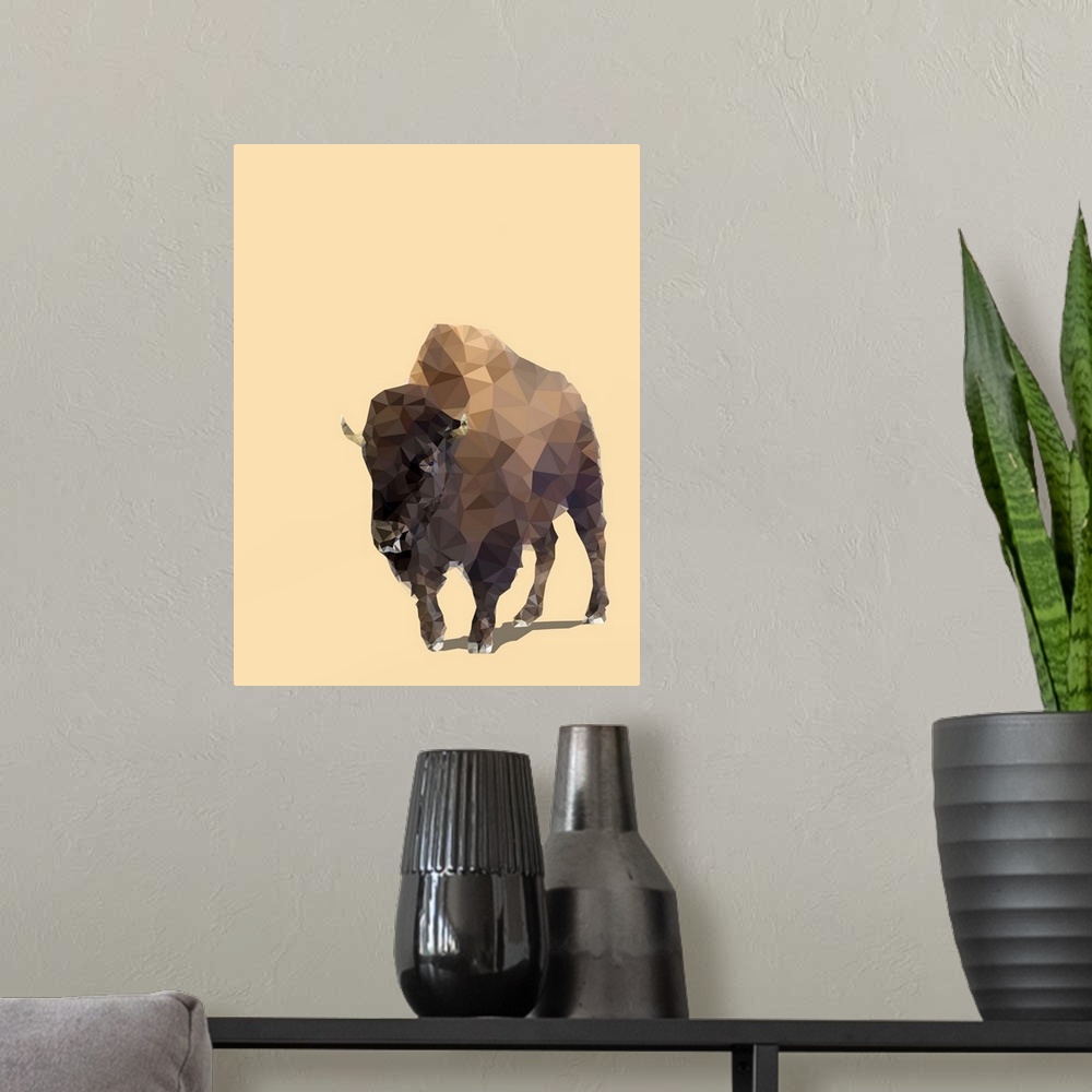 A modern room featuring Illustration of a bison created using geometric shapes on a pale orange background